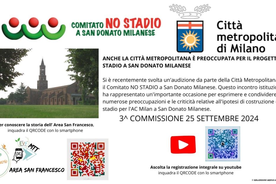 ANCHE CITTA’ METROPOLITANA SI DICE PREOCCUPATA DEL PROGETTO STADIO A SAN DONATO MILANESE Si è svolta ieri l’audizione da parte di Città Metropolitana del Comitato NO STADIO a San Donato Milanese. Si è trattato di un altro importante incontro istituzionale in cui sono emerse e condivise tante preoccupazioni e criticità relative all’ipotesi stadio di AC Milan a San Donato.